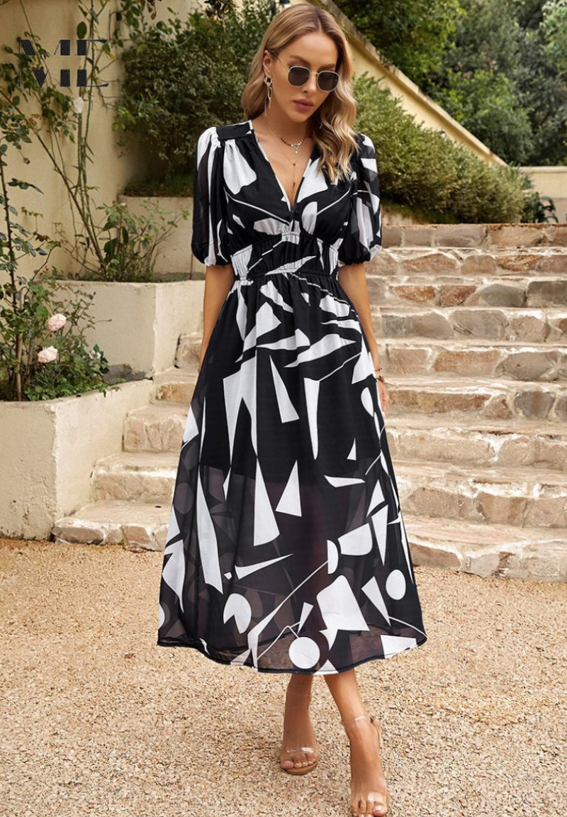 Womens Floral Tea Dress with Puffy Sleeves