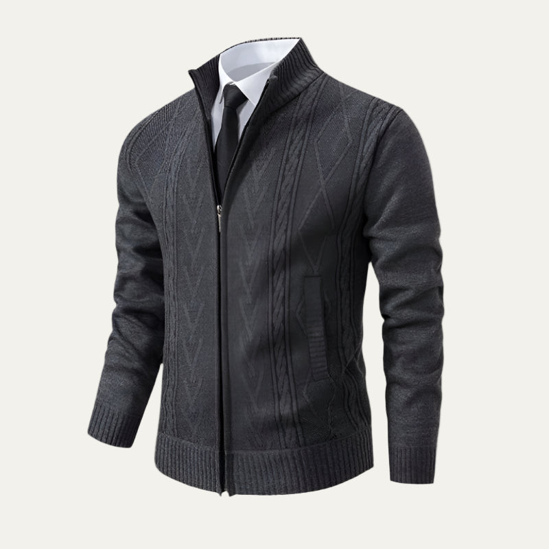 Mens Knit Cardigan Full Zip Cable and Diamond Pattern