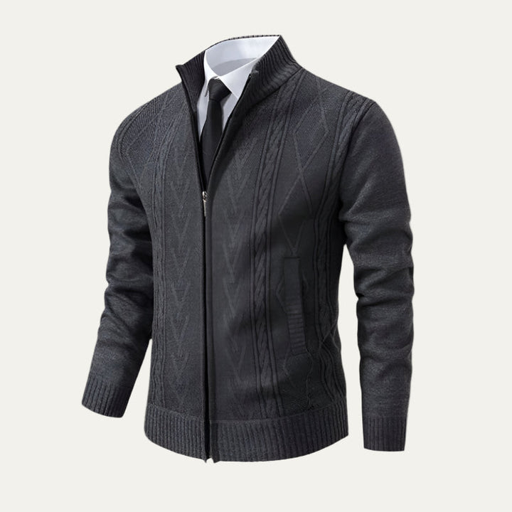 Mens Knit Cardigan Full Zip Cable and Diamond Pattern