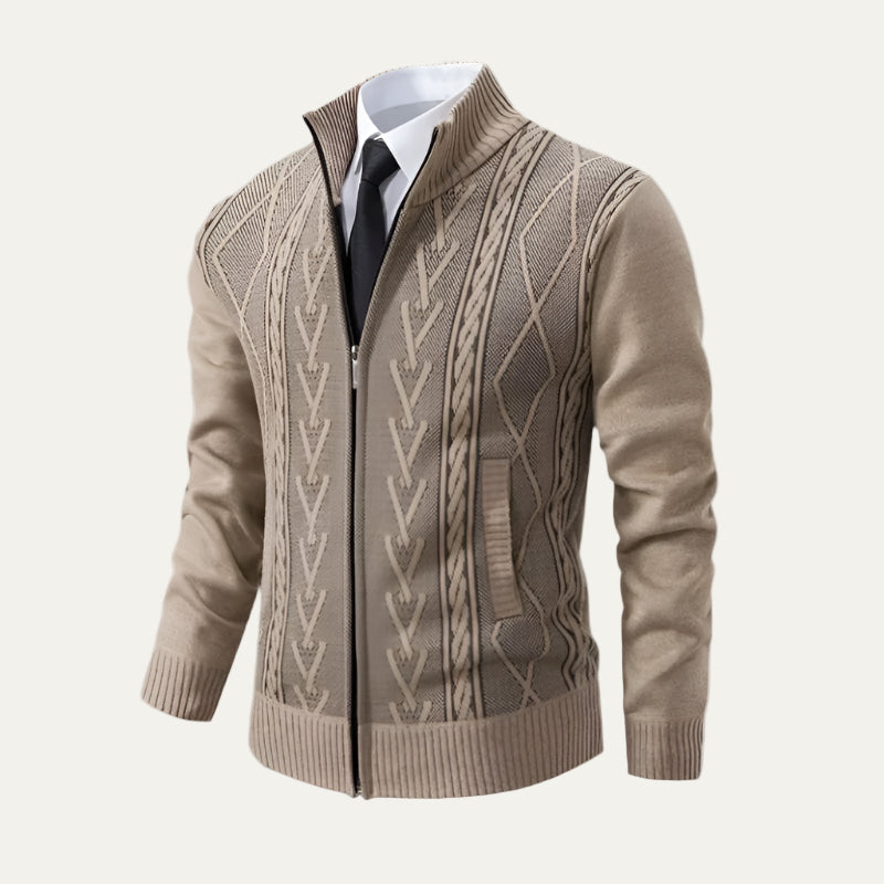 Mens Knit Cardigan Full Zip Cable and Diamond Pattern