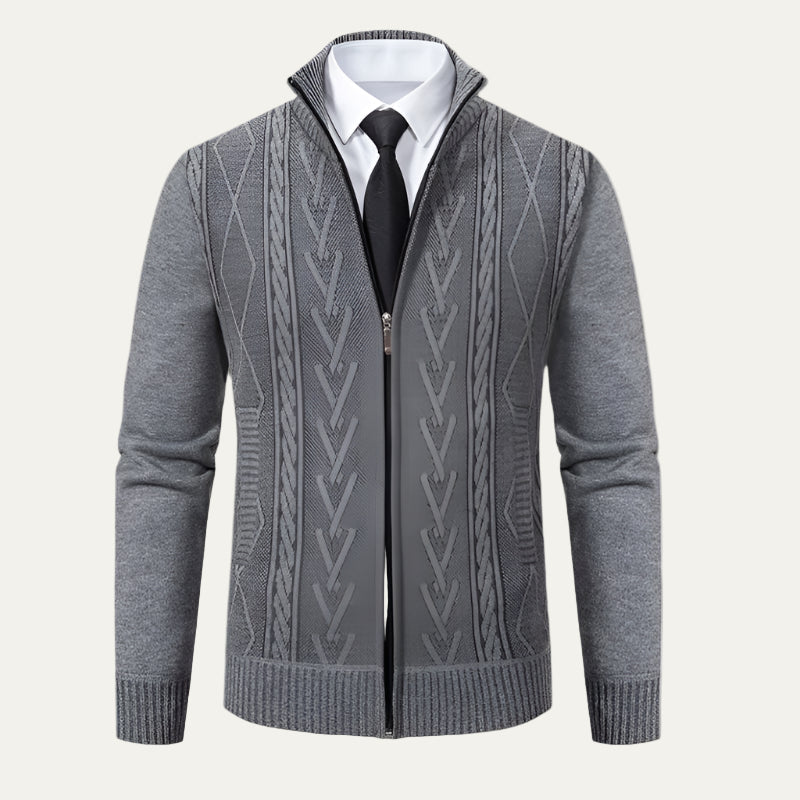 Mens Knit Cardigan Full Zip Cable and Diamond Pattern