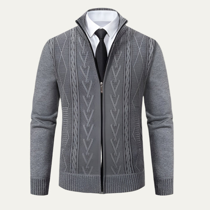 Mens Knit Cardigan Full Zip Cable and Diamond Pattern