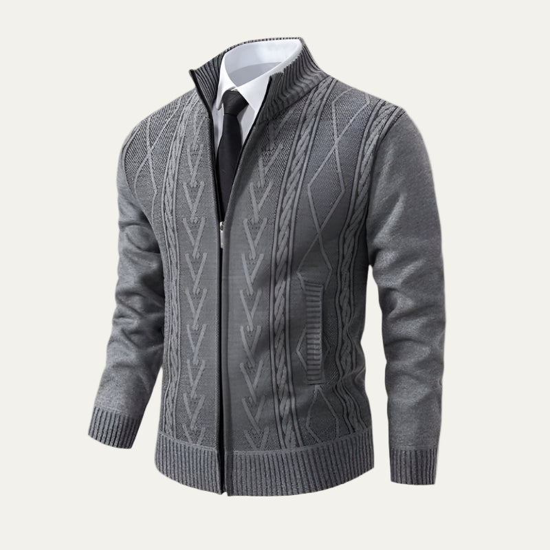 Mens Knit Cardigan Full Zip Cable and Diamond Pattern - BritishMode