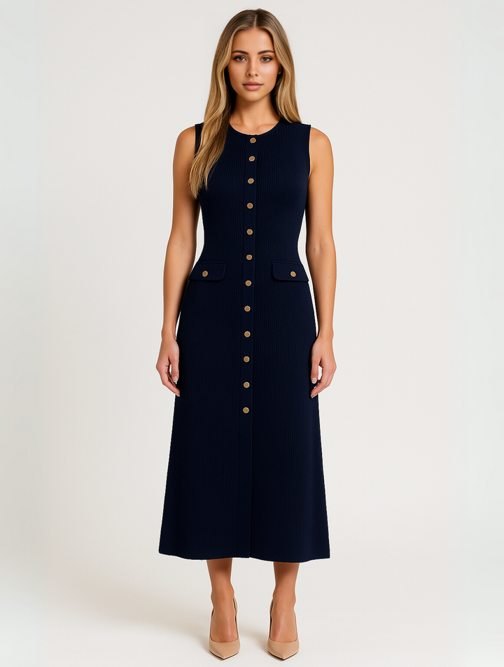Womens Knee-Length Dress with Buttons Classic Fit - BritishMode