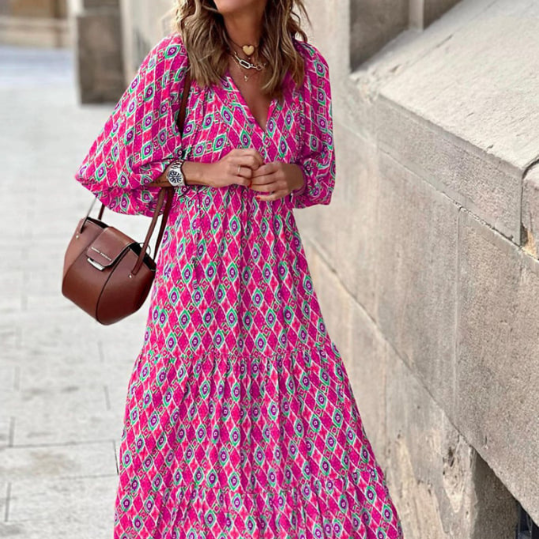 Womens Maxi Dress with Puff Sleeve and V-Neck Boho Style