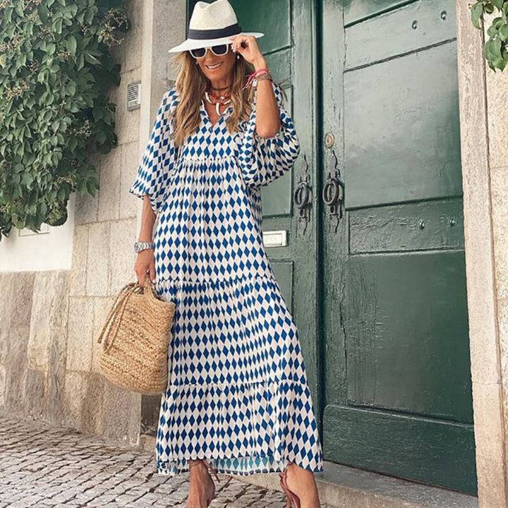 Womens Maxi Dress with Puff Sleeve and V-Neck Boho Style