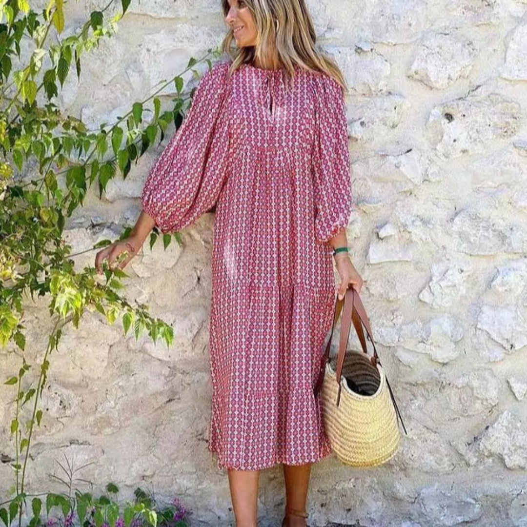 Womens Maxi Dress with Puff Sleeve and V-Neck Boho Style