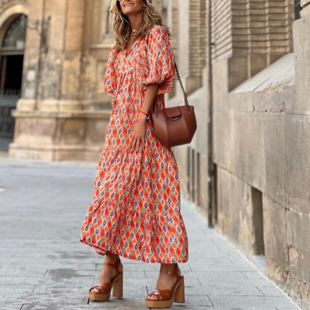 Womens Maxi Dress with Puff Sleeve and V-Neck Boho Style