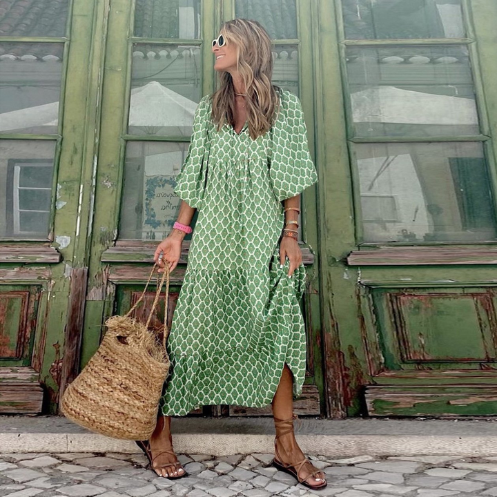 Womens Maxi Dress with Puff Sleeve and V-Neck Boho Style
