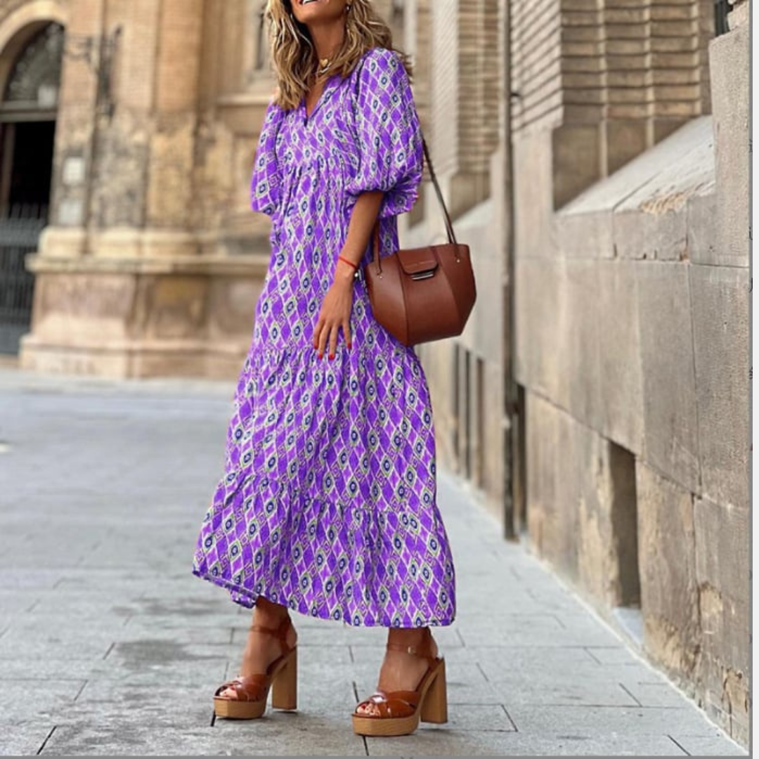 Womens Maxi Dress with Puff Sleeve and V-Neck Boho Style