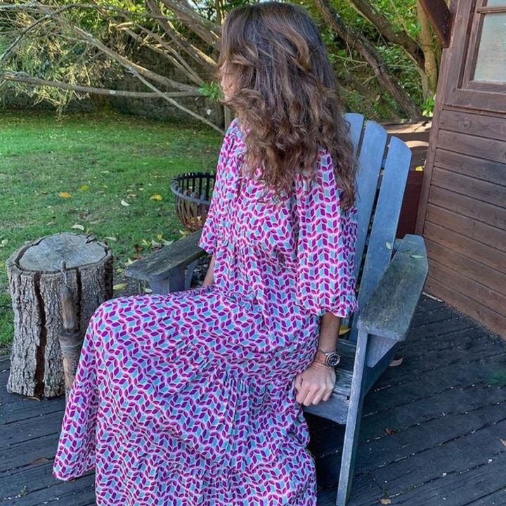 Womens Maxi Dress with Puff Sleeve and V-Neck Boho Style