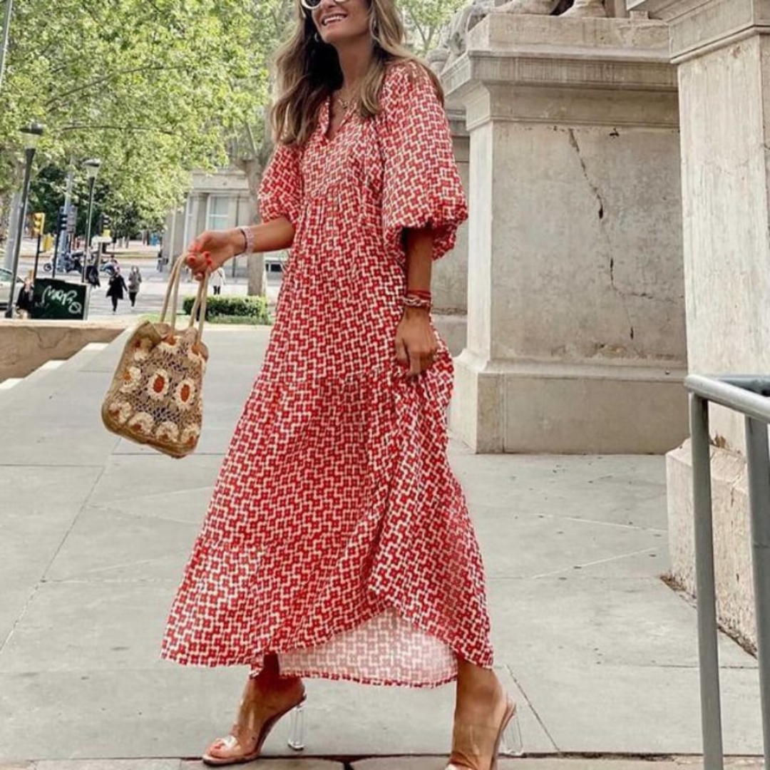 Womens Maxi Dress with Puff Sleeve and V-Neck Boho Style