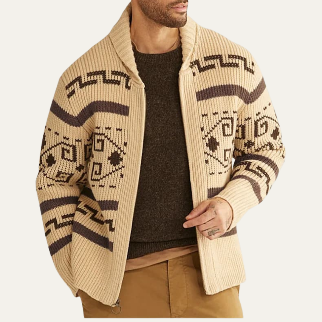 Mens Zip Cardigan with Shawl Collar Southwestern Pattern - BritishMode