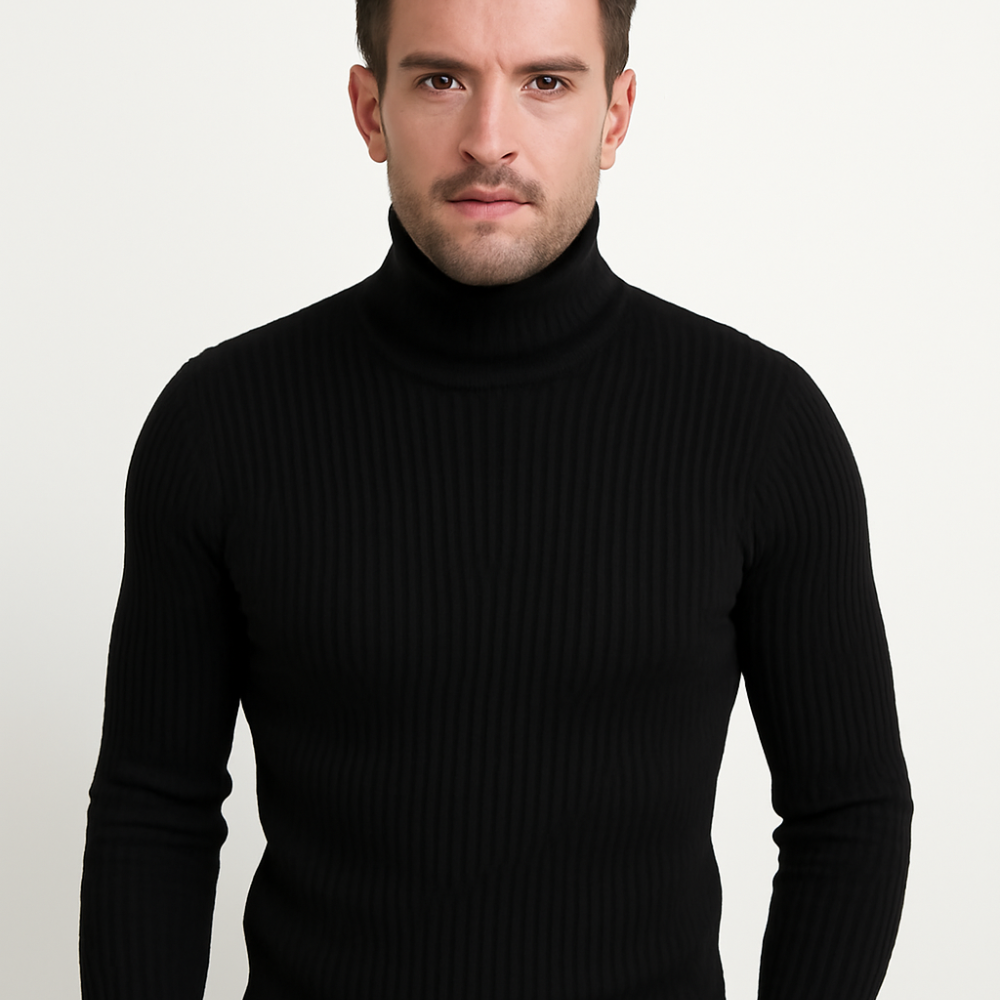 Mens Turtleneck Sweater Ribbed Cable Knit Slim Fit - BritishMode