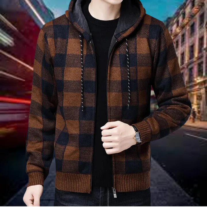 Mens Hooded Cardigan Checked Pattern Relaxed Fit - BritishMode