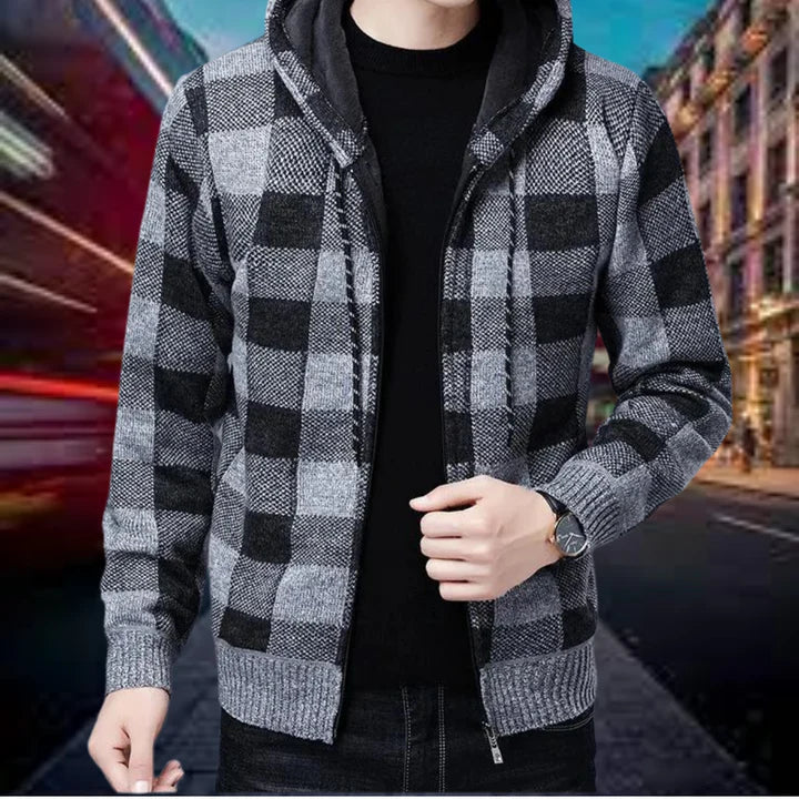 Mens Hooded Cardigan Checked Pattern Relaxed Fit