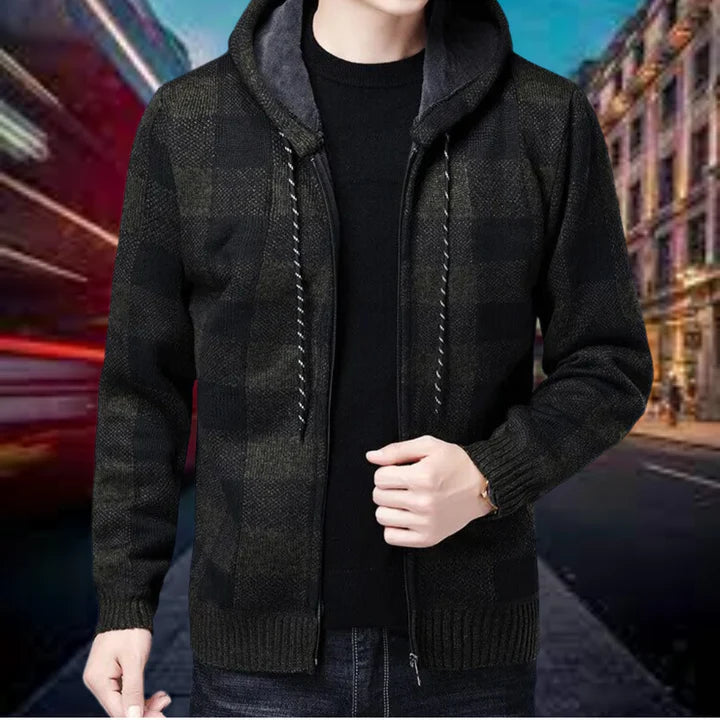 Mens Hooded Cardigan Checked Pattern Relaxed Fit