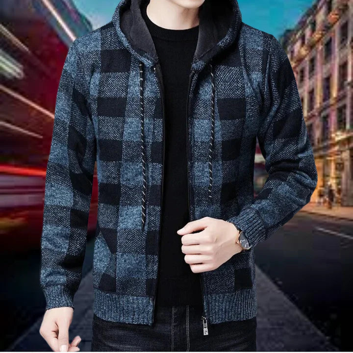 Mens Hooded Cardigan Checked Pattern Relaxed Fit