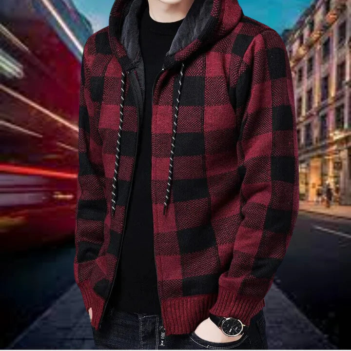 Mens Hooded Cardigan Checked Pattern Relaxed Fit