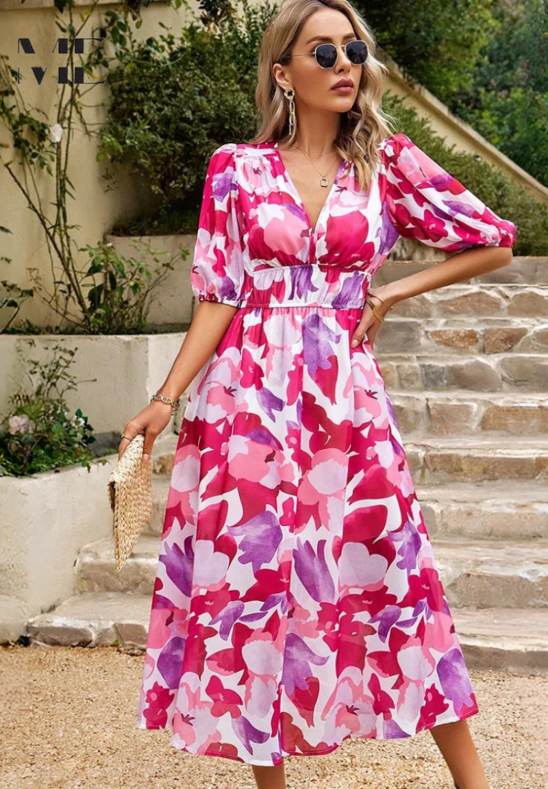 Womens Floral Tea Dress with Puffy Sleeves