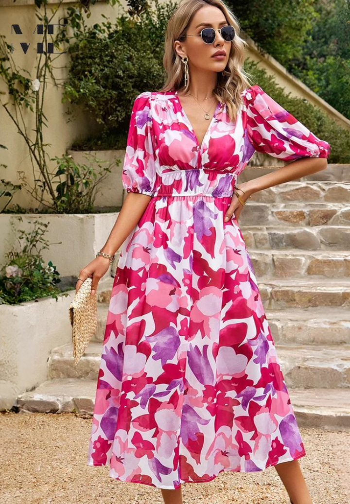 Womens Floral Tea Dress with Puffy Sleeves