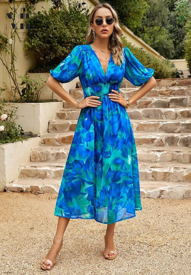 Womens Floral Tea Dress with Puffy Sleeves