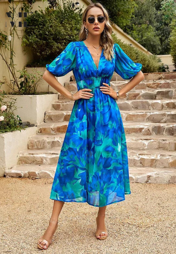Womens Floral Tea Dress with Puffy Sleeves