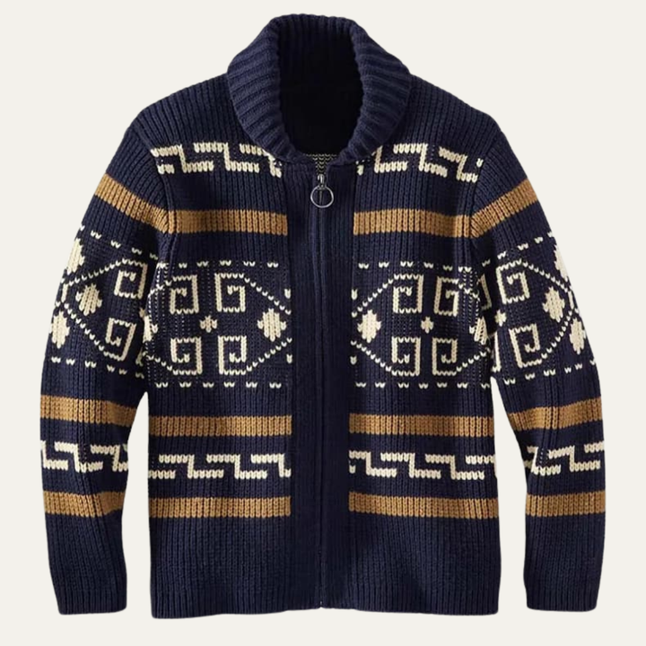 Mens Zip Cardigan with Shawl Collar Southwestern Pattern