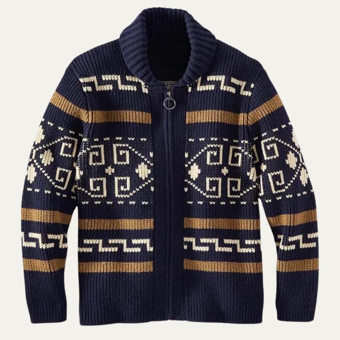 Mens Wool Blend Cardigan Shawl Collar Aztec Pattern