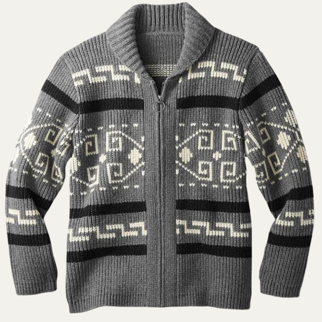 Mens Zip Cardigan with Shawl Collar Southwestern Pattern