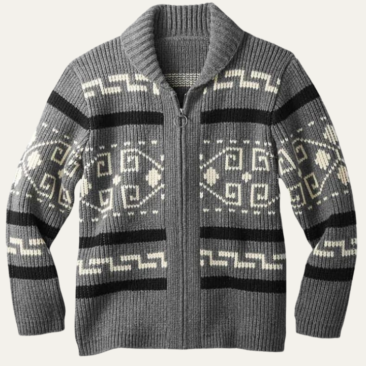 Mens Zip Cardigan with Shawl Collar Southwestern Pattern