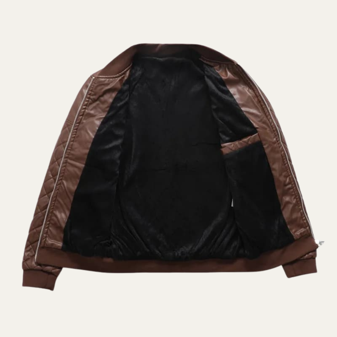 Mens Quilted Leather Bomber Jacket Insulated Warm Fit