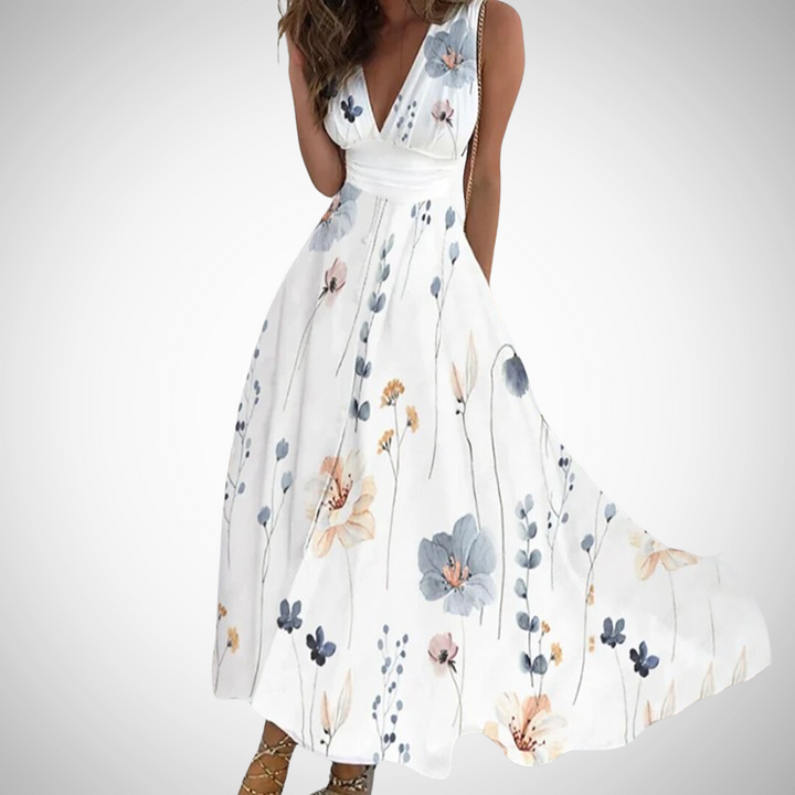 Womens Maxi Dress Sleeveless V-Neck Wrap Waist