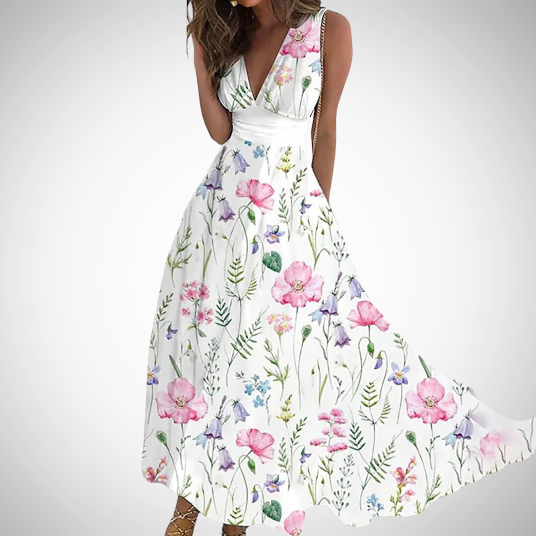Womens Maxi Dress Sleeveless V-Neck Wrap Waist