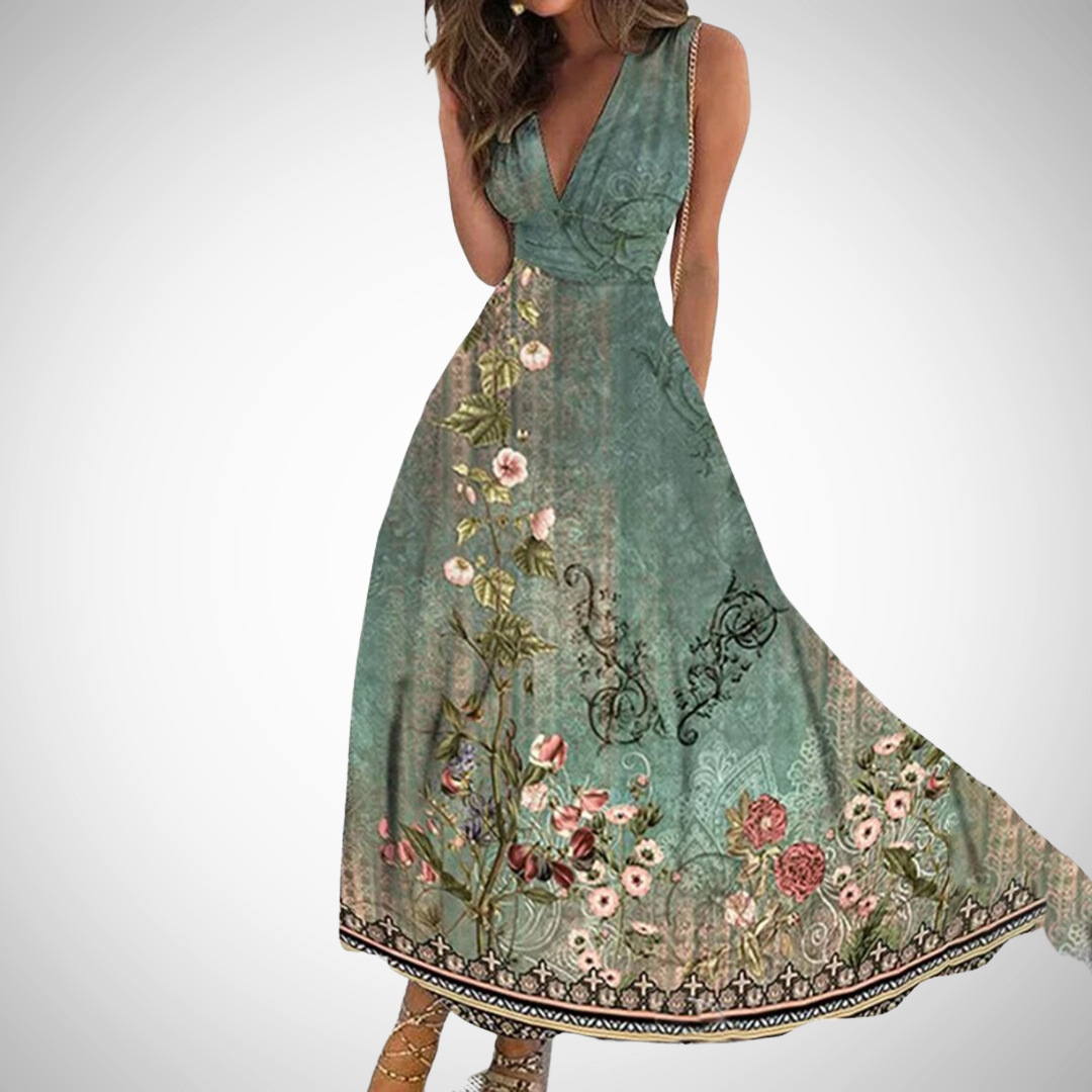 Womens Maxi Dress Sleeveless V-Neck Wrap Waist