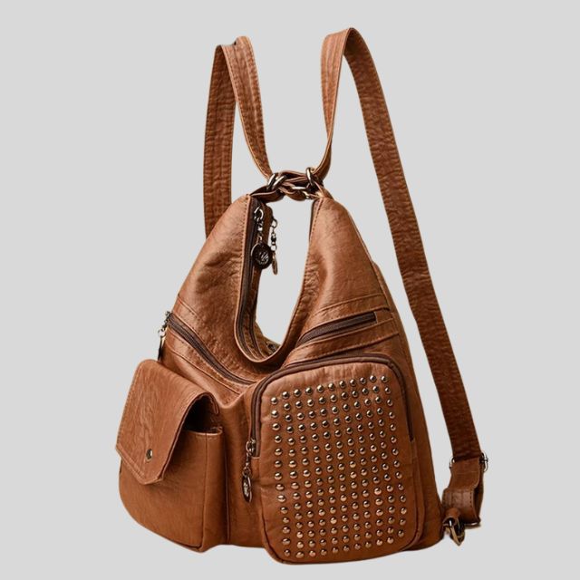Unisex Leather Backpack Studded Compact Travel and School