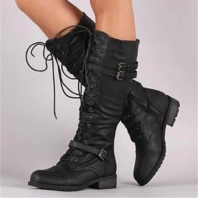 Womens Flat Boots Lace-Up Vintage Style Steampunk Buckle