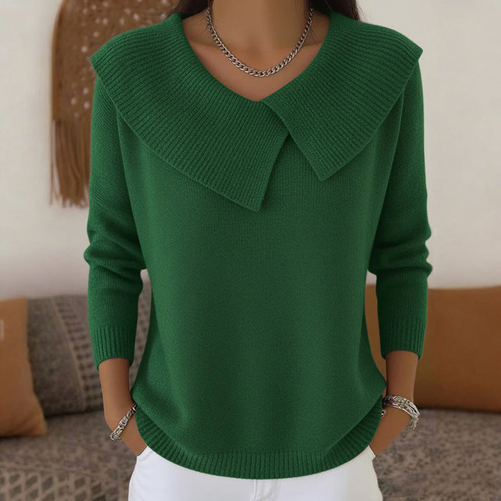 Womens V-Neck Knit Sweater Long Sleeve Regular Fit Folded Collar