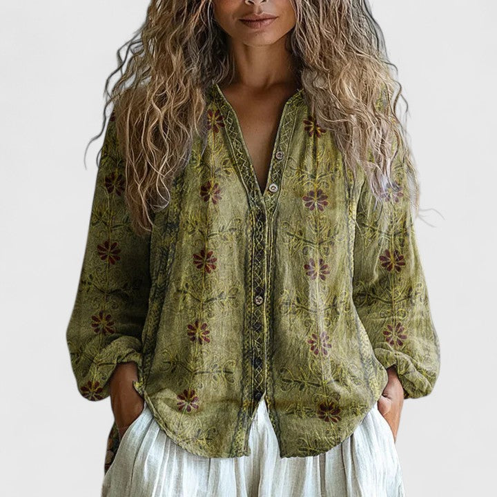 Womens Long Sleeve Shirt V-Neck Button-Up Floral Print