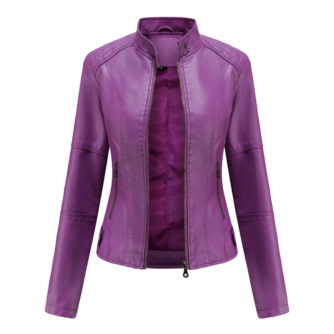 Womens Leather Biker Jacket with Zipper Slim Fit