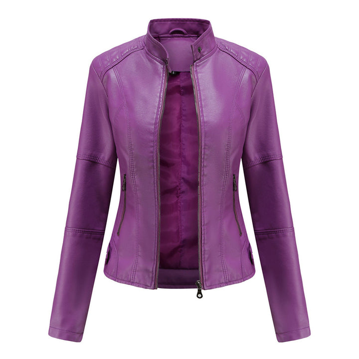 Womens Leather Biker Jacket with Zipper Slim Fit