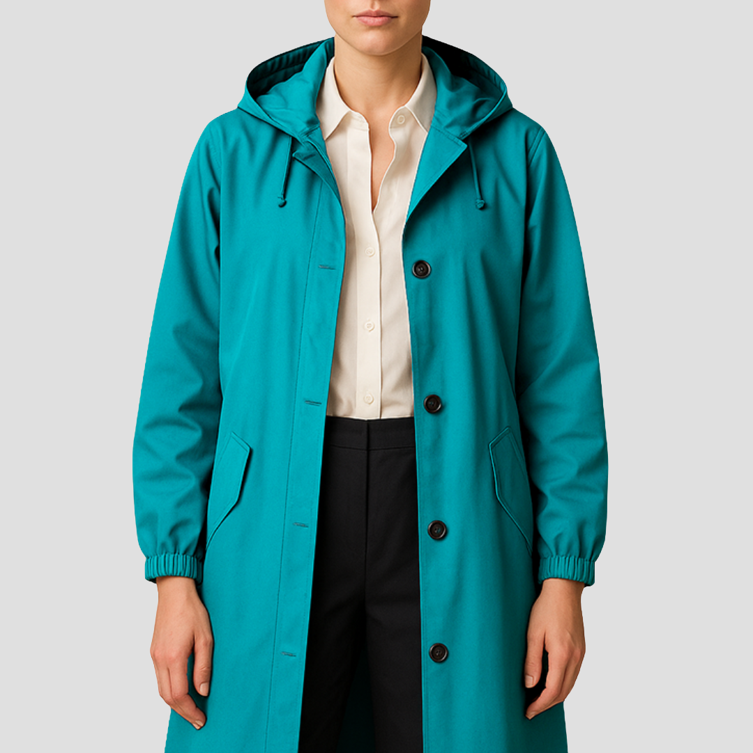 Womens Mid-Length Raincoat with Hood Sleek Fit - BritishMode