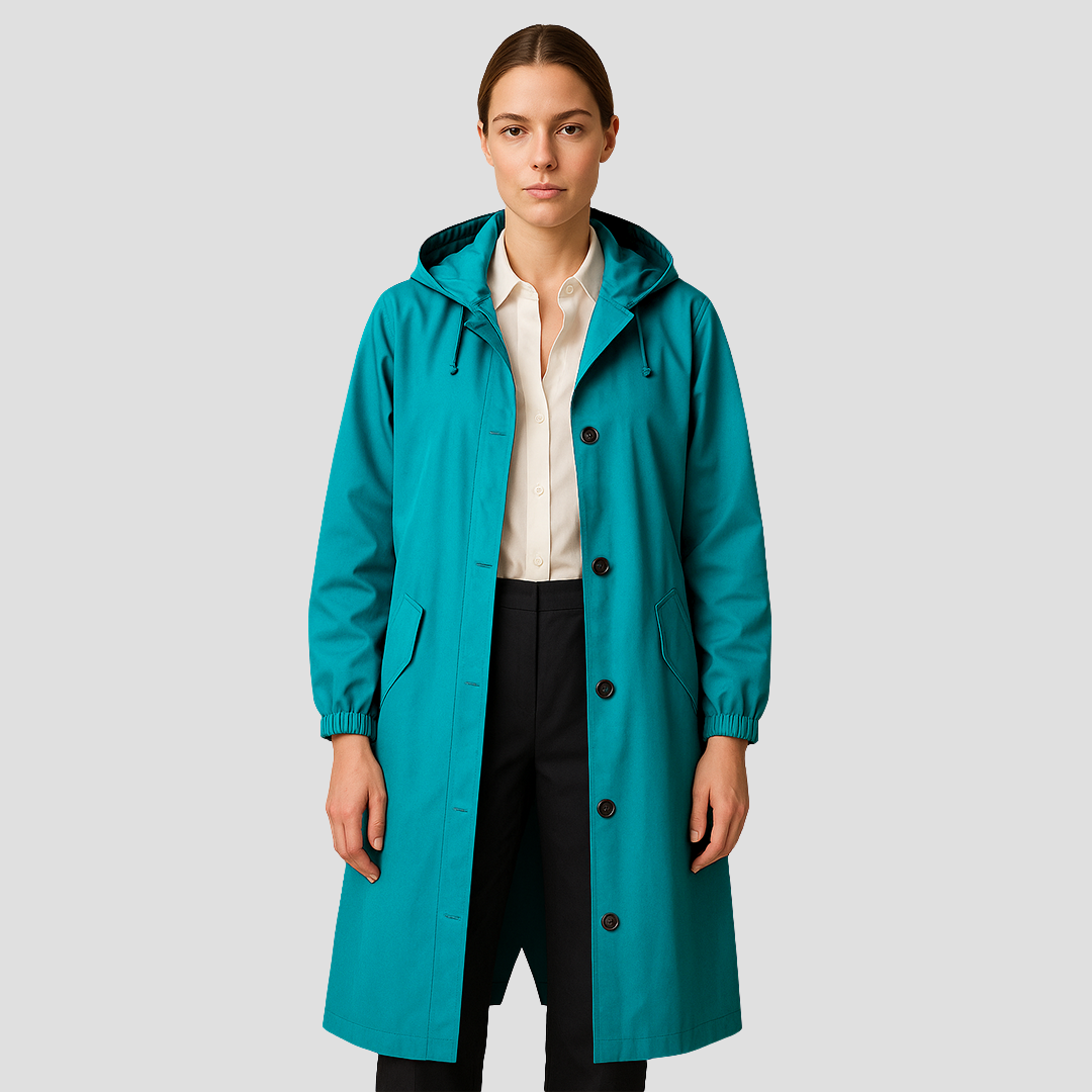 Womens Mid-Length Raincoat with Hood Sleek Fit