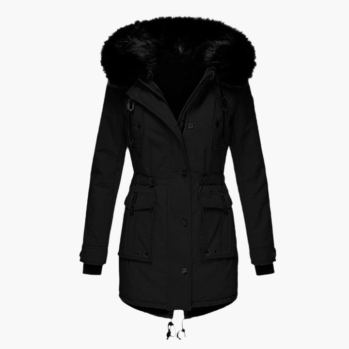 Womens Hooded Parka with Fur Trim Button Front