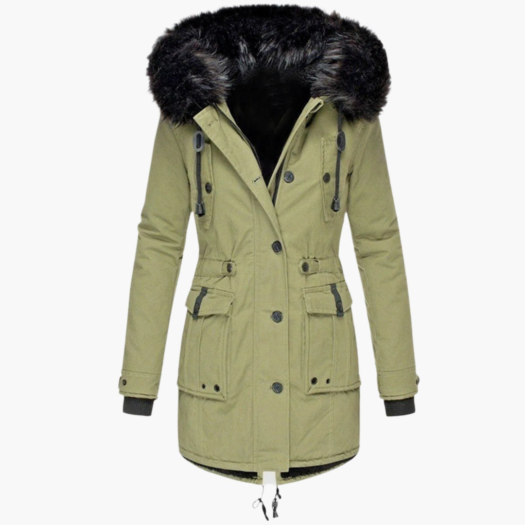 Womens Hooded Parka with Fur Trim Button Front