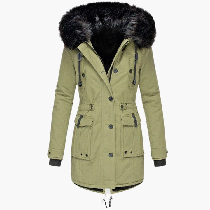 Womens Hooded Parka with Fur Trim Button Front