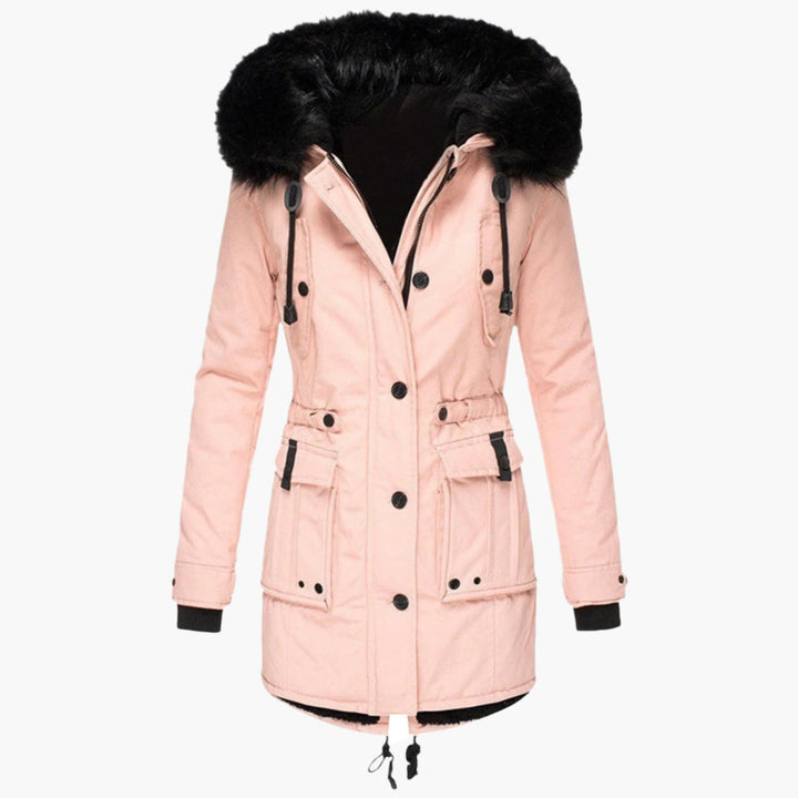Womens Hooded Parka with Fur Trim Button Front