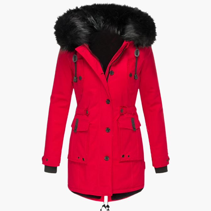 Womens Hooded Parka with Fur Trim Button Front