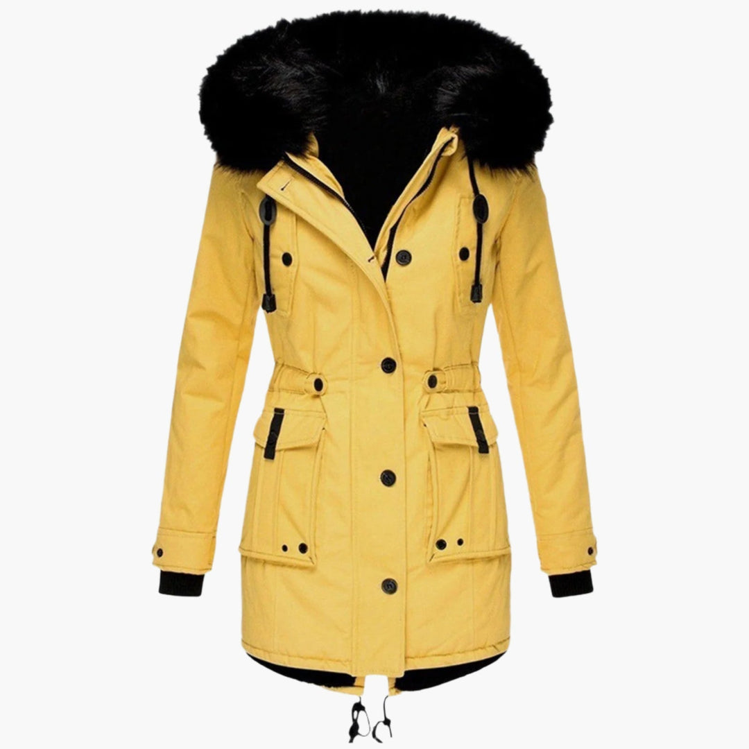 Womens Hooded Parka with Fur Trim Button Front