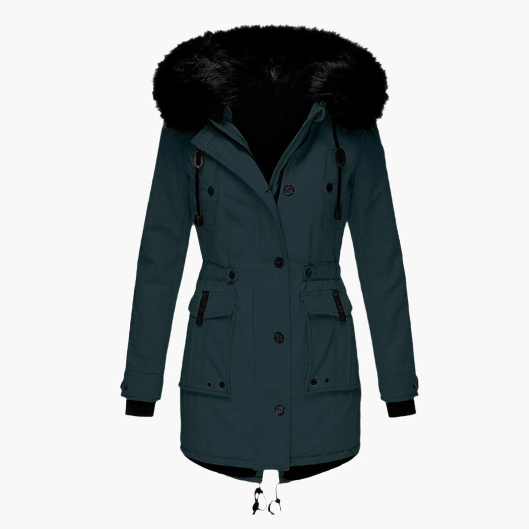 Womens Hooded Parka with Fur Trim Button Front